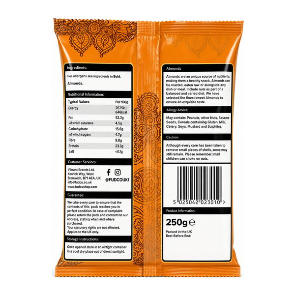 Fudco Almonds 250g by Fudco Dry Fruits & Nuts — back view showing ingredients and product details, studio product photo on white background
