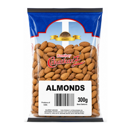 Bombay Chatkaz Almonds 300g by Bombay Chatkaz Dry Fruits & Nuts — front view showing product label and branding, studio product photo on white background
