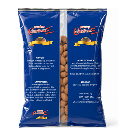 Bombay Chatkaz Almonds 300g by Bombay Chatkaz Dry Fruits & Nuts — back view showing ingredients and product details, studio product photo on white background