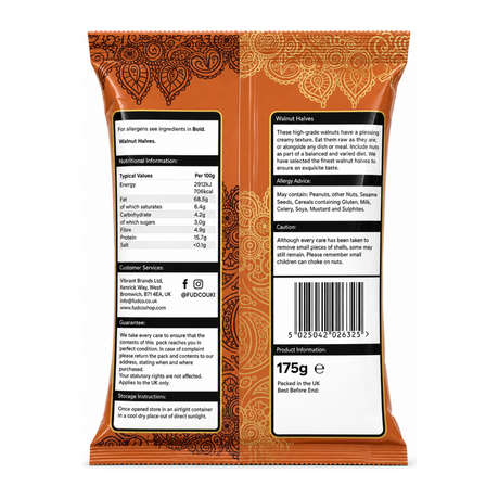 Fudco Extra Light Walnut Halves 175g by Fudco Dry Fruits & Nuts — back view showing ingredients and product details, studio product photo on white background