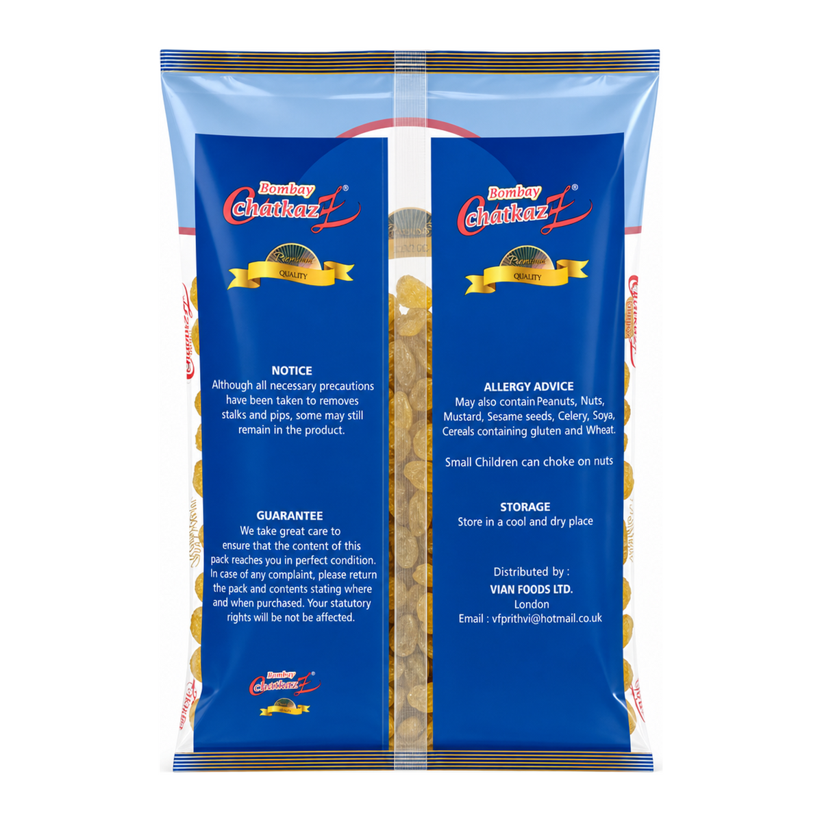Variety Golden Raisins 300g by Variety Dry Fruits & Nuts — back view showing ingredients and product details, studio product photo on white background