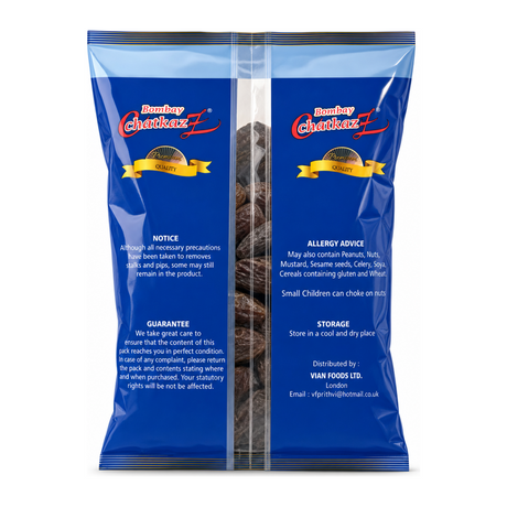 Bombay Chatkaz Dry Dates 300g by Bombay Chatkaz Dry Fruits & Nuts — back view showing ingredients and product details, studio product photo on white background