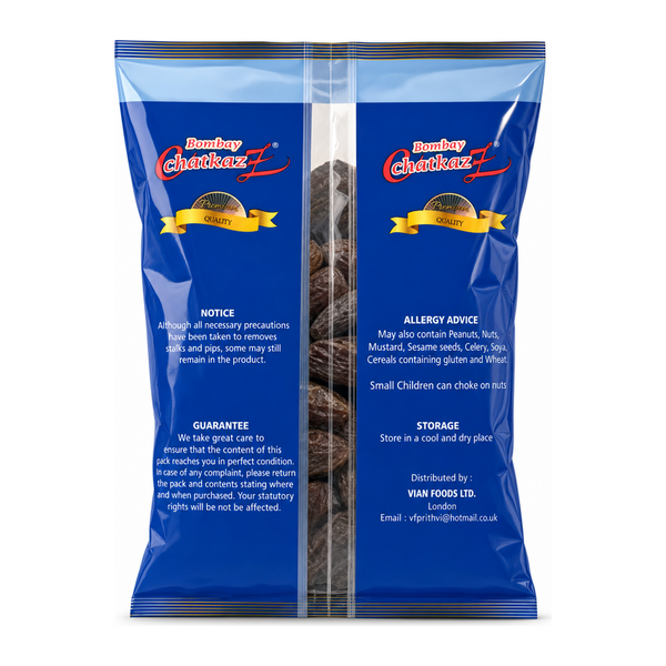 Bombay Chatkaz Dry Dates 300g by Bombay Chatkaz Dry Fruits & Nuts — back view showing ingredients and product details, studio product photo on white background