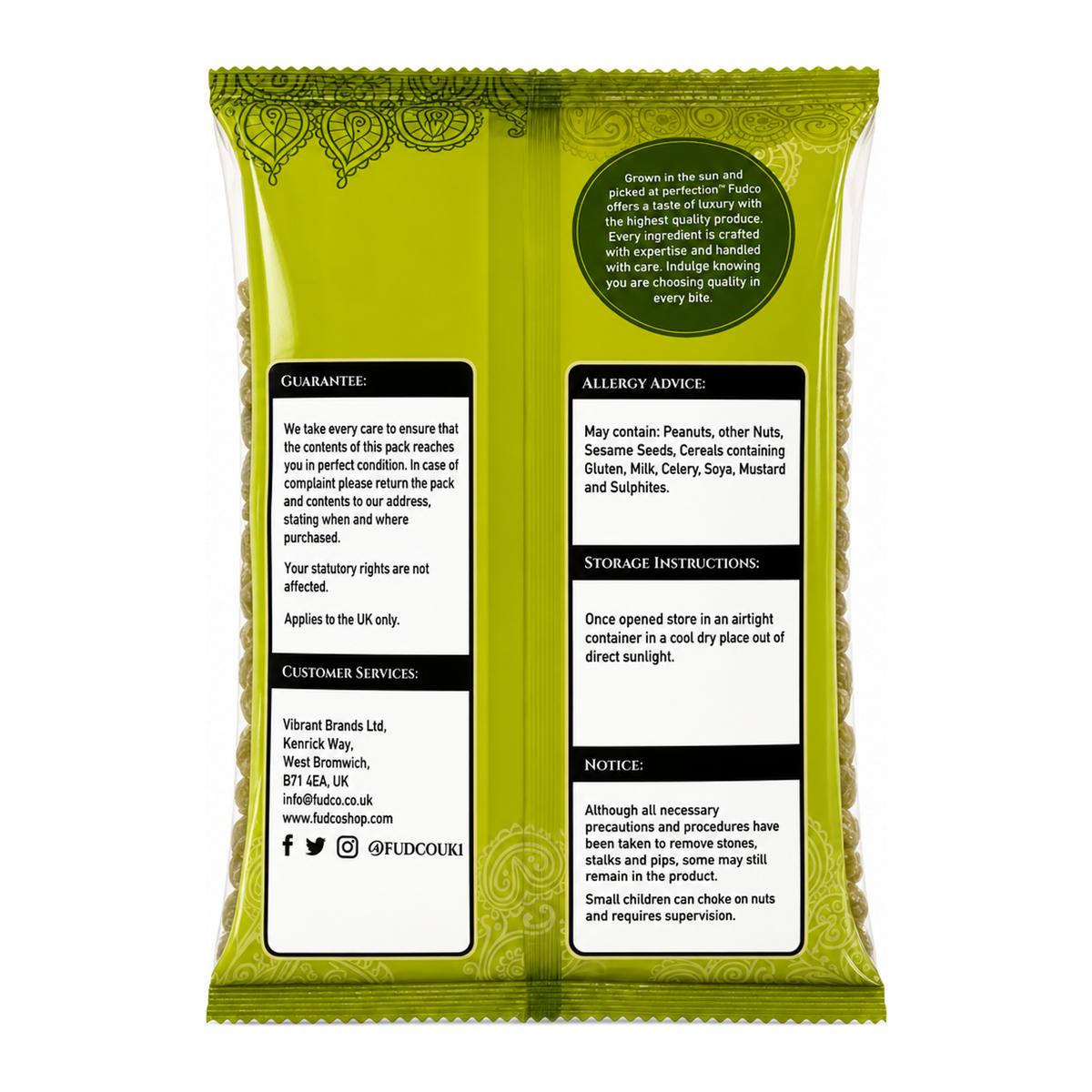 Fudco Green Raisins 250g by Fudco Dry Fruits & Nuts — back view showing ingredients and product details, studio product photo on white background