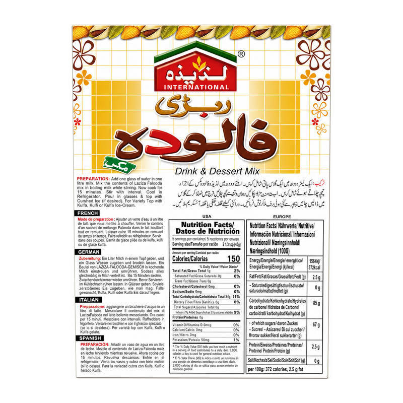 Laziza Rabri Falooda Instant Mix 200g by Laziza Ready Mixes — back view showing ingredients and product details, studio product photo on white background