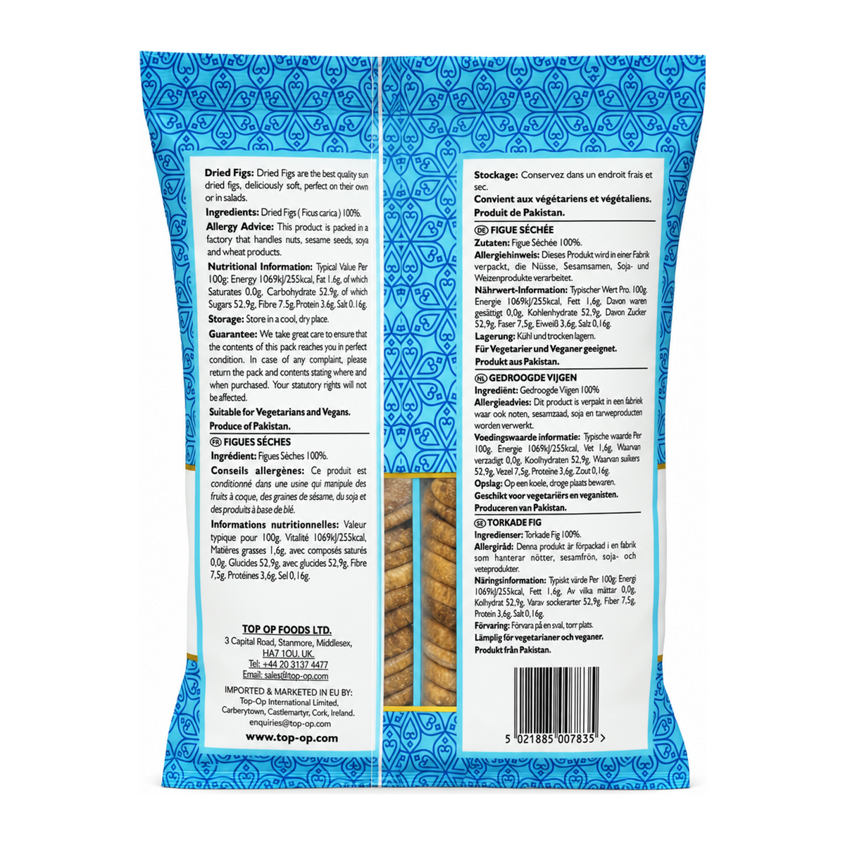 Dried Figs Anjeer by Top-Op — back view showing ingredients and product details, studio product photo on white background