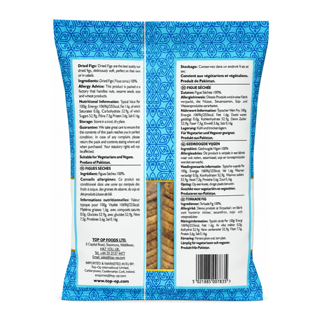 Dried Figs Anjeer by Top-Op — back view showing ingredients and product details, studio product photo on white background