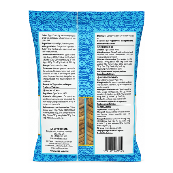 Dried Figs Anjeer by Top-Op — back view showing ingredients and product details, studio product photo on white background