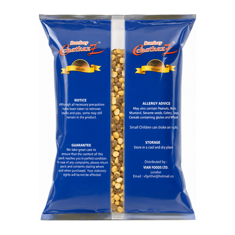 Bombay Chatkaz Unsalted Daria 300g by Bombay Chatkaz Indian Snacks — back view showing ingredients and product details, studio product photo on white background