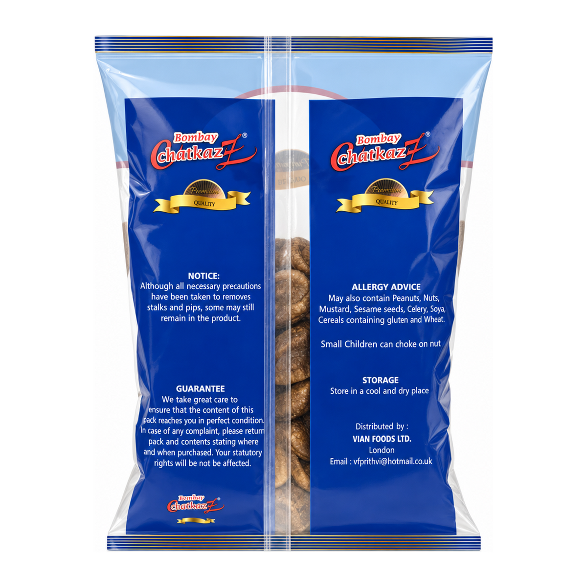 Bombay Chatkaz Dried Figs 250g by Bombay Chatkaz Dry fruits & Nuts — back view showing ingredients and product details, studio product photo on white background