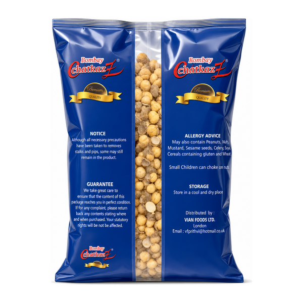 Bombay Chatkaz Salted Daria 300g by Bombay Chatkaz Indian Snacks — back view showing ingredients and product details, studio product photo on white background
