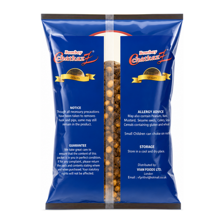Bombay Chatkaz Masala Daria 300g by Bombay Chatkaz Indian Snacks — back view showing ingredients and product details, studio product photo on white background