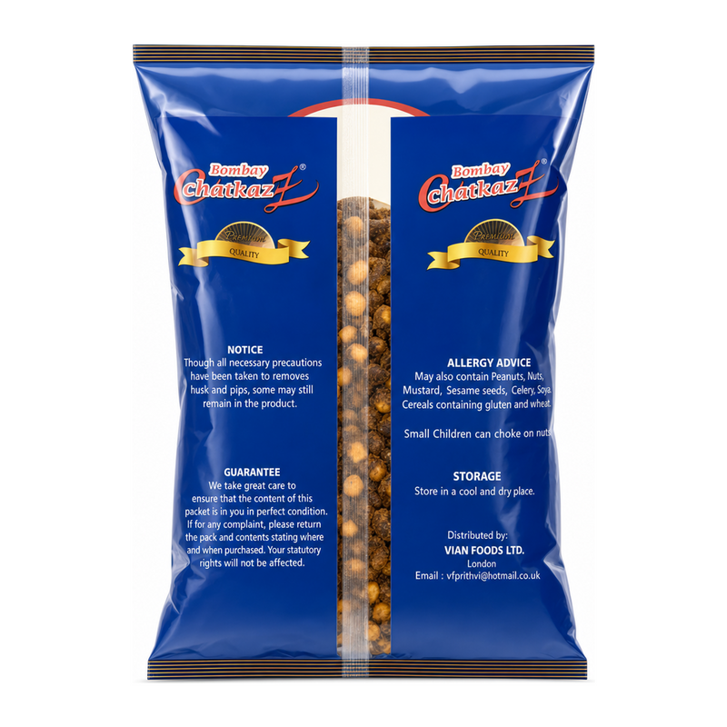 Bombay Chatkaz Masala Daria 300g by Bombay Chatkaz Indian Snacks — back view showing ingredients and product details, studio product photo on white background