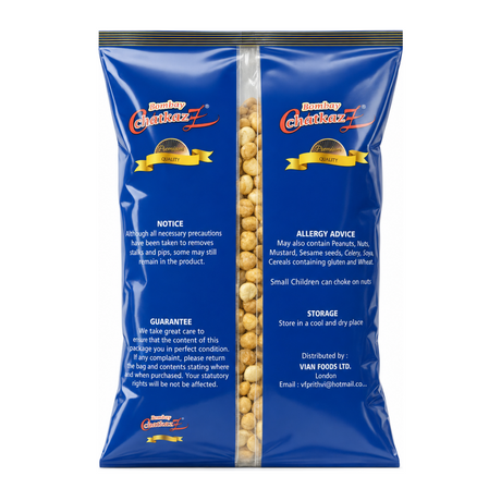 Bombay Chatkaz Unsalted Large Daria Gota 300g by Bombay Chatkaz Indian Snacks — back view showing ingredients and product details, studio product photo on white background