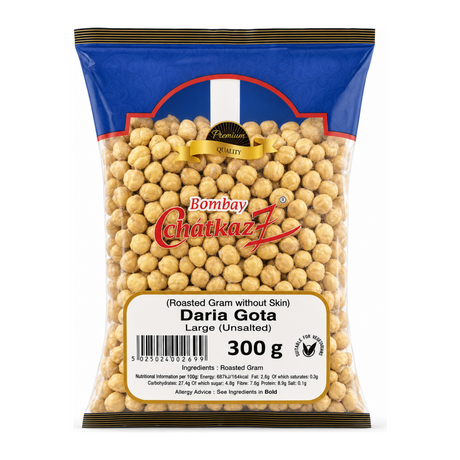 Bombay Chatkaz Unsalted Large Daria Gota 300g by Bombay Chatkaz Indian Snacks — front view showing product label and branding, studio product photo on white background