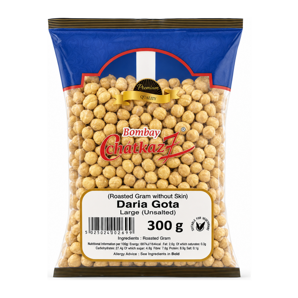 Bombay Chatkaz Unsalted Large Daria Gota 300g by Bombay Chatkaz Indian Snacks — front view showing product label and branding, studio product photo on white background